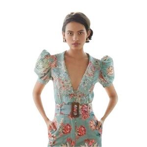 HEMANT & NANDITA blue floral bodysuit with puffy sleeves, size small *as is